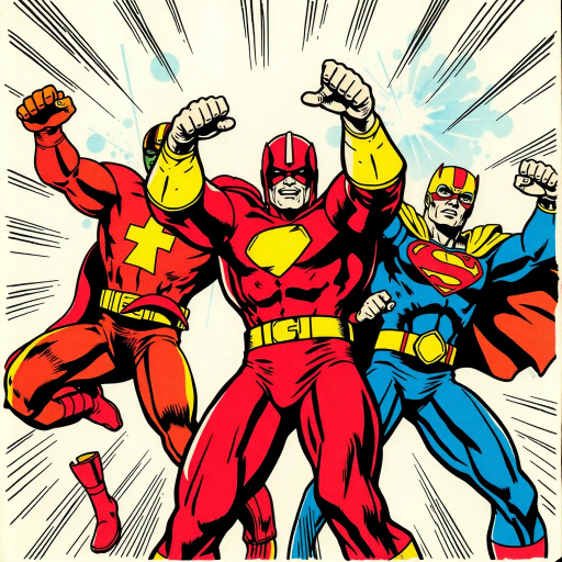 vibrant superheroes, dynamic action poses, Jack Kirby, bold outlines, 1960s comic book style, intense colors, dramatic expression, American graphic art, powerful gestures, heroic narrative, primary color palette, retro texture, ink wash, sequential art, iconic imagery, cultural symbolism, sense of adventure, exaggerated proportions, perspective shifts, movement streaks, visual storytelling, vibrant energy