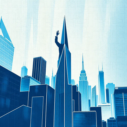 visionary leadership, corporate world, dynamic energy, abstract geometry, bold lines, futurism, retro-futuristic, sleek design, high contrast, minimalism, blue and silver palette, digital texture, sophistication, precision, influence of Kandinsky, modernism, vibrant energy, ambition, power, high stakes, innovation, business hub, urban landscape, mid-century influence, cutting-edge technology, strategic thinking, contemporary artwork, financial district skyline, corporate hierarchy, executive presence