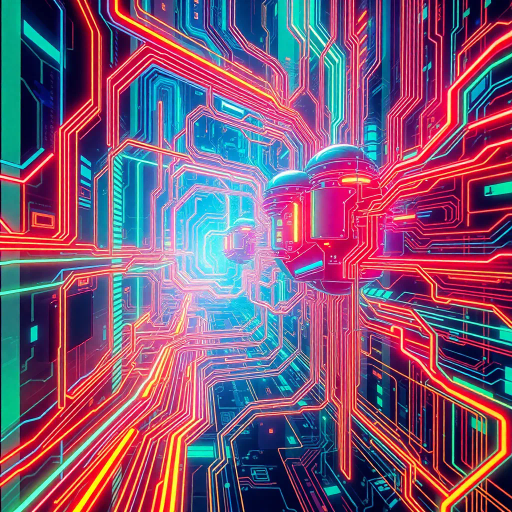 futuristic design, artificial intelligence, surreal abstraction, high-tech circuitry, vibrant neon colors, intricate details, dynamic composition, modern technology, synthetic textures, virtual reality, luminous glow, cybernetic elements, cutting-edge innovation, Alan Turing influence, hyper-realistic rendering, fluid lines, expansive space, minimalism meets complexity, conceptual exploration, interconnected networks, visual metaphor