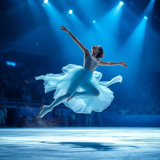 graceful figure skater, olympic athlete, elegant motion, dynamic movement, immersive blue hues, sapphire tones, ethereal glow, luminous backdrop, audience captivated, swirling light trails, celestial ambiance, fluid dynamics, contemporary sports art, intricate detailing, expressive choreography, Alberto Giacometti influence, Baroque elegance, Renaissance grandeur, cool palette, atmospheric lighting, high-energy performance, kinetic expression, harmonious balance, expansive composition, vibrant energy, enraptured spectators, Michelangelo-esque poise, dynamic perspective, visual rhythm, emotive storytelling