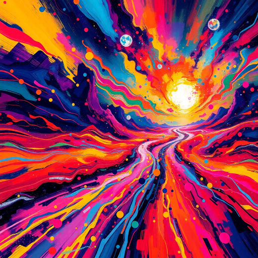 abstract expressionism, vibrant colors, dynamic movement, Jackson Pollock, futuristic tones, fluid shapes, cosmic atmosphere, intense lighting, transcendental experience, surreal landscapes, digital brushwork, euphoric emotion, otherworldly textures, interstellar composition, immersive perspective, limitless space, kaleidoscopic vision, ethereal glow, conceptual depth, expansive scale