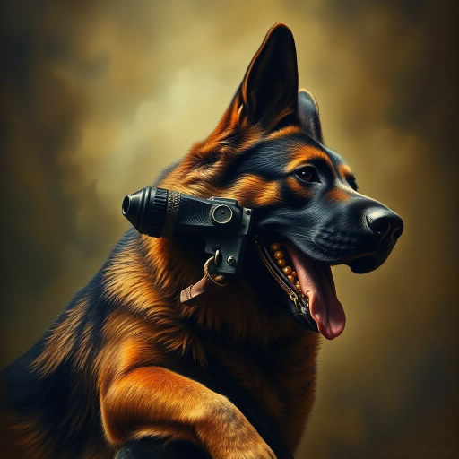 military symbolism, German shepherd, loyalty, courage, dynamic composition, James Gurney, Edward Hopper, chiaroscuro lighting, bold contrasts, WWII era, earth tones, detailed textures, dutch angle perspective, heroic atmosphere, cultural heritage, realism, movement and action, intricate detailing, emotional depth, iron and leather materials, dramatic framing, historical influence, epic scale