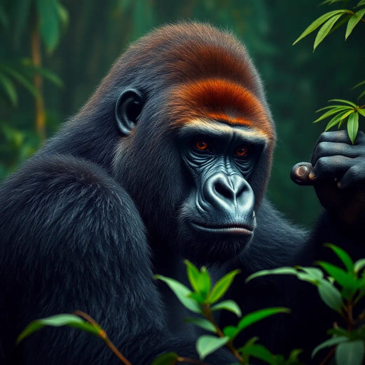 majestic gorilla, detailed fur texture, vibrant rainforest backdrop, Caravaggio-inspired chiaroscuro, dramatic lighting, ethereal atmosphere, neo-expressionism, John James Audubon influence, dynamic pose, lush greens and earth tones, intricate anatomy, powerful presence, rainforest ambiance, natural habitat, lush foliage, soft focus background, wildlife conservation theme, intense gaze, compelling storytelling, evocative mood