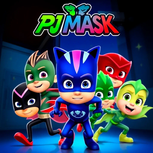 PJ Masks, cartoon characters, vibrant colors, energetic action, superhero themes, children's show, 3D animation, dynamic poses, dynamic composition, adventurous spirit, exaggerated expressions, teamwork, mystery, nighttime adventures, stylized animation, comic book influences, vibrant hues, dynamic lighting, animated characters, young heroes, vibrant, energetic, action-packed, lively, exaggerated, context of adventure, fantastical settings, imaginative landscapes, animation influences, cultural impacts, colorful, engaging, visual storytelling, children's television, cartoon artistry, whimsical tones, spirited dynamics