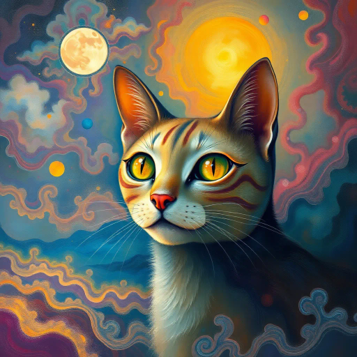 whimsical feline, surrealism, Salvador Dalí, ethereal glow, vibrant spectrum, mystical ambiance, fluid lines, abstract expressionism, dream-like landscape, observers perspective, enigmatic smile, fantasy realism, Claude Monet influence, divine elegance, intricate patterns, soft brushstrokes, artistic allure, ethereal sky, celestial elements, metaphysical journey, depth and shadow, layered textures, transcendental experience, visual poetry, harmonious balance, artistic whimsy