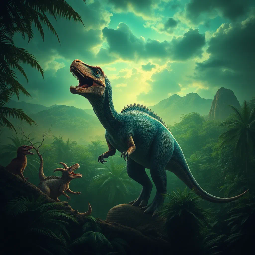 prehistoric creatures, majestic dinosaur, lush jungles, vivid emerald greens, dynamic poses, chiaroscuro lighting, mythical era, ethereal glow, intricate scales, surreal landscapes, movement and tension, timeless prehistoric panorama, Jules Verne influence, hyper-realistic textures, primordial ambiance, paleoart inspiration, vibrant life, dramatic skies, storytelling composition, atmospheric depth, earthy tones, grandeur and mysticism, visionary interpretation