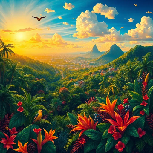 vivid rainforests, carnival atmosphere, vibrant colors, intricate details, lush foliage, rich cultural heritage, magical realism, Brazilian landscape, surreal clouds, tropical wildlife, Henri Rousseau influence, rhythmic movement, radiant sunlight, festive mood, intricate patterns, exotic birds, mythical elements, celebratory spirit, tropical flora, samba rhythm, enchanting scenery, sprawling cityscapes, Rio Carnival celebration, modernist architecture, Tarsila do Amaral, tropical paradise, lush landscapes, dynamic movement, cultural fusion, vibrant street art, Copacabana beach, panoramic views, rich biodiversity, Botero-inspired figures, expressive brushstrokes, Amazon River, intricate textures, joyous atmosphere, cultural heritage, energetic composition