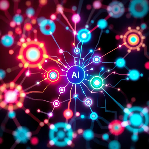 futuristic ai mind map, digital networks, interconnected nodes, vibrant colors, neural pathways, technology-inspired, abstract shapes, cybernetic theme, intricate patterns, artificial intelligence, contemporary design, computer graphics, minimalist aesthetic, dynamic flow, interconnected lines, data visualization, glowing elements, conceptual art, modern futurism, digital connectivity