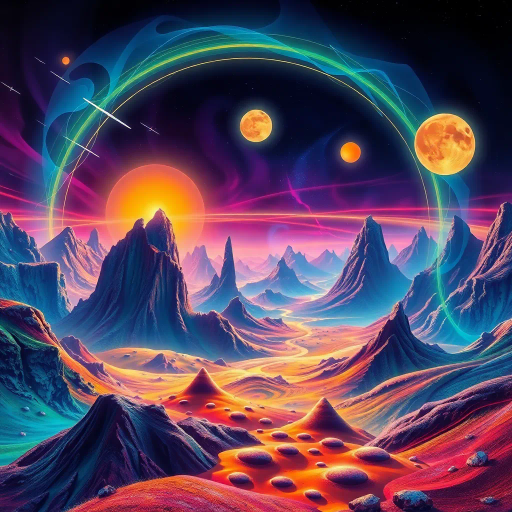 futuristic, surreal landscapes, vibrant colors, dynamic light, Salvador Dali, neon hues, intricate patterns, ethereal glow, dreamlike atmosphere, high contrast, avant-garde, abstract forms, imaginative scenery, otherworldly textures, digital rendering, perspective shifts, sci-fi elements, expanded horizons, multifaceted dimensions, contemporary influences