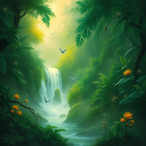 lush rainforest, vibrant greens, Claude Monet, mystical atmosphere, ethereal light, cascading waterfalls, exotic flora, swirling mist, bioluminescent creatures, soft brushstrokes, Impressionist influence, dawn light, verdant foliage, biodiversity, tranquil harmony, natural wonder, intimate scale, harmonious composition, lush textures, dreamlike scenery, serene ambiance