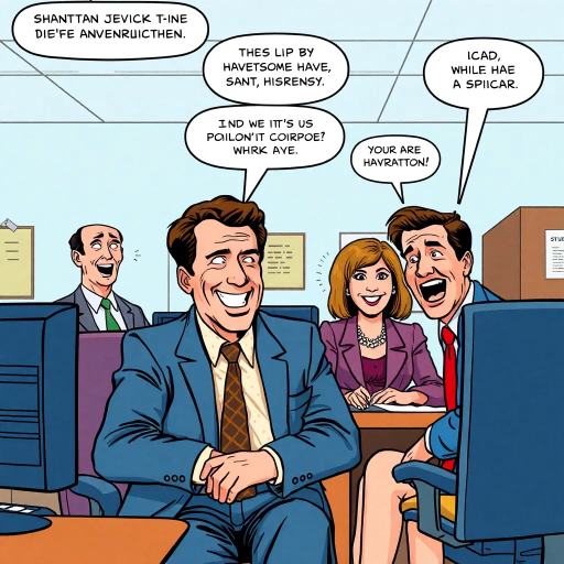 satirical workplace dynamics, humorous situations, colorful characters, Jim Halpert, Pam Beesly, mockumentary style, lively banter, office antics, playful tone, exaggerated expressions, narrative humor, corporate setting, vibrant palette, dynamic panels, exaggerated scenarios, comedic timing, slice of life, workplace comedy, Michael Scott, sitcom classic, Roy Lichtenstein influence, pop art aesthetic