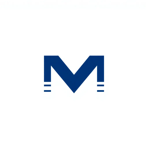 bold M logo mark, solid geometric letter, thin horizontal connector lines, structured layers, indigo on white, modern minimal SaaS branding, flat vector, minimalist aesthetics, Bauhaus influence, clean design, precision technique, sharp angles, corporate elegance, brand identity, contemporary sophistication, grid-inspired composition, visual harmony, digital symmetry, professional polish, innovative typography, strategic simplicity