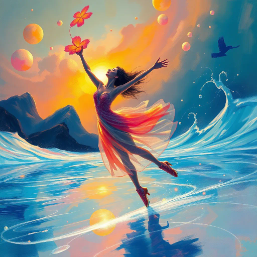 ethereal ice dancer, olympic figure skating, surreal background, Salvador Dalí influences, dreamlike landscape, vibrant color palette, dynamic movement, expressive form, fluid lines, luminous lighting, imaginative world, otherworldly elements, surrealism, magical realism, kaleidoscopic textures, time-defying space, whimsical atmosphere, celestial glow, intricate details, contemporary twist, artistic poetry, visual harmony