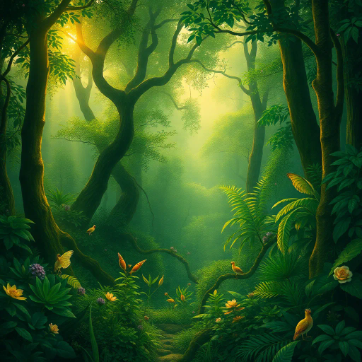 lush forest, ethereal glade, vibrant flora, bioluminescent fauna, Alphonse Mucha, Art Nouveau curves, golden light, dappled shadows, rich emeralds, varied textures, painterly brushstrokes, mystical overtone, romanticism, surreal perspective, dreamlike ambiance, organic forms, intricate foliage, whimsical creatures, serene tranquility, mythical narrative, immersive landscape, verdant palette, enchanting allure, timeless beauty, magical realism, atmospheric depth, fantasy world, serene wilderness