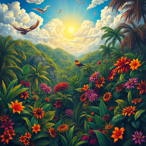 vivid rainforests, carnival atmosphere, vibrant colors, intricate details, lush foliage, rich cultural heritage, magical realism, Brazilian landscape, surreal clouds, tropical wildlife, Henri Rousseau influence, rhythmic movement, radiant sunlight, festive mood, intricate patterns, exotic birds, mythical elements, celebratory spirit, tropical flora, samba rhythm, enchanting scenery