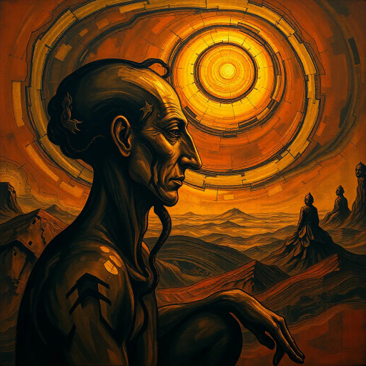 contemplative figure, Salvador Dali influence, surrealism, ethereal glow, chiaroscuro lighting, dreams and reality merge, abstract forms, emotional depth, vibrant earth tones, swirling patterns, metaphysical exploration, reflective mood, geometric abstraction, multi-layered textures, intricate details, philosophical depth, introspection, surreal landscapes, juxtaposition of elements, timeless aura, spiritual journey