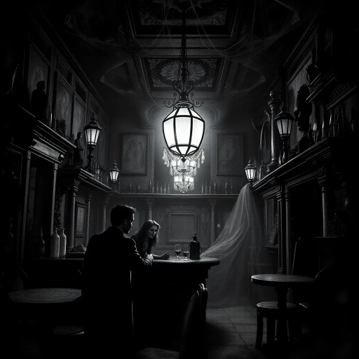 eerie bar, dimly lit, shadows, gothic noir, Edward Gorey, suspenseful atmosphere, chiaroscuro lighting, vintage ambiance, haunted tavern, ominous undertones, dark fantasy, unsettling mood, mystery, cobweb textures, ghostly presence, dramatic angles, retro horror, monochrome palette, foreboding aura, timeless space, enigmatic symbols, spectral patrons, midnight hour, detail-rich illustration, mysterious motifs, ethereal glow, Victorian influences, intricate line work, atmospheric storytelling, spectral apparitions, haunting narrative