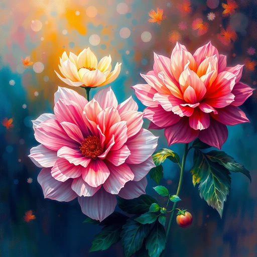 vibrant flowers, botanical art, surrealism, rich textures, Claude Monet, expressionism, ethereal glow, intricate details, vivid colors, atmospheric depth, delicate petals, dynamic composition, spring serenity, artistic elegance, garden symphony, burst of life, soft gradients, harmonious blending, natural elegance, transcendent beauty, impressionistic influence, harmonious rhythms, lush environments, whimsical serenity, radiant light, elaborate patterns, fluid contours