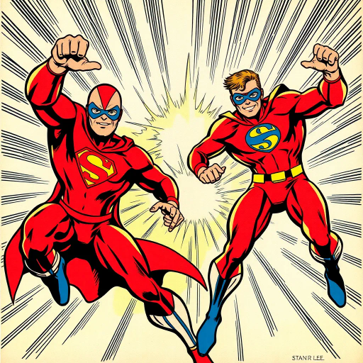 superhero comics, dynamic action, bold lines, vibrant colors, classic American comics, Jack Kirby, Stan Lee, dramatic poses, high contrast, exaggerated characters, energetic movement, retro aesthetics, pop art influences, flat perspective, heroism, graphic storytelling, cultural icons, mid-20th century, ink and color, panel sequences, adrenaline-fueled, youthful appeal, masked crusaders, illustrative style, page layout, speech bubbles, epic narratives, morality tales