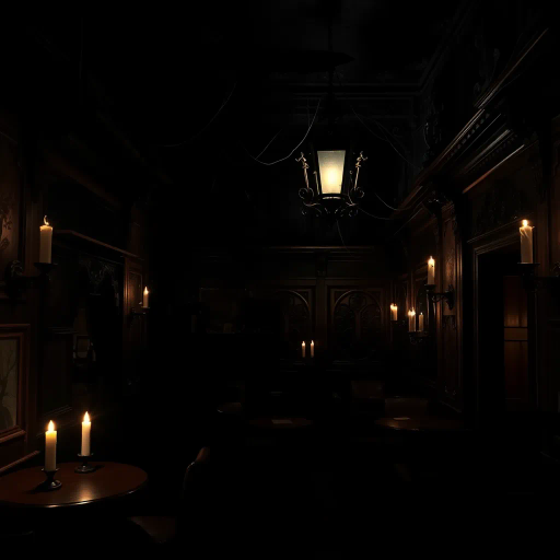 dark, eerie bar, gothic influences, chiaroscuro lighting, shadowy corners, suspenseful atmosphere, Edgar Allan Poe, Victorian era, intricate carvings, dim candlelight glow, decayed elegance, cobweb-laden, worn wood textures, unsettling ambiance, haunting presence, mysterious patrons, sepulchral quiet, shadow play, reflective surfaces, foreboding mood, architectural decay