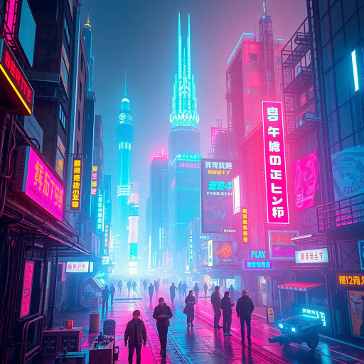 futuristic dystopia, cybernetic evolution, neon hues, vibrant electric colors, holographic textures, retro-futurism, William Gibson inspiration, high contrast lighting, urban landscape, technological utopia, intricate mechanical details, kinetic energy, digital rebellion, Blade Runner homage, dynamic perspective, cybernetic organisms, augmented reality, synthwave influence, immersing in alternate realities, luminescent reflections, cutting-edge innovation, post-apocalyptic vibrancy, culturally diverse metropolis, immersive escapism, 3D digital sculpting, digital revolution spirit