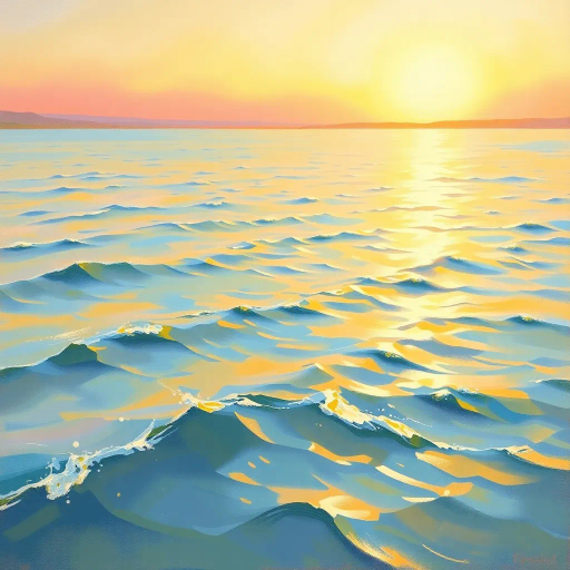 tranquil landscape, serene colors, gentle waves, Claude Monet, Impressionism, soft brush strokes, warm sunlight, golden hour, pastel hues, harmonious balance, nature's beauty, reflective waters, subtle textures, peaceful ambiance, idyllic scenery, Renaissance influence, contemplative mood, horizon line, sprawling fields, ethereal glow, calming presence, expansive sky, flowing movement, immersive perspective