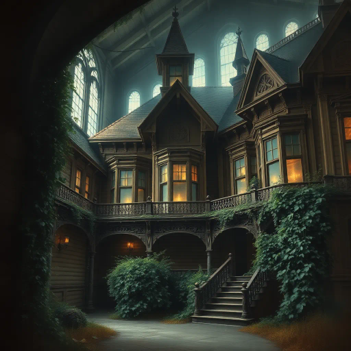 vintage architecture, abandoned Victorian mansion, rustic nostalgia, intricate woodwork, moody atmosphere, gothic architecture, Impressionist influence, Edward Hopper, Tim Burton, dramatic chiaroscuro lighting, overgrown ivy, surrealism, storytelling through space, melancholic mood, romantic ruin, soft brush strokes, emotional depth, William Turner, atmospheric composition, intricate detail, weathered wood, ethereal, dreamlike, shadows and highlights, muted earth tones, mid-20th century aesthetic, faded opulence, historical ambiance, cozy yet eerie setting, artistic decay, mystical narrative, timeless classic charm, rich symbolism, Baroque influences, twilight hues, sepia tones, forgotten history, enigmatic allure, mysterious storytelling, fantasy, magical realism
