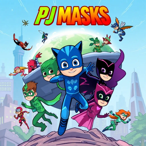 PJ Masks, saving the planet, heroic adventure, dynamic action, vivid illustrations, bold lines, superhero kids, stylized figures, vibrant colors, modern graphic novel, youthful energy, engaging story, intense drama, thrilling moments, imaginative settings, inspired by Marvel comics, Saturday morning cartoons, iconic poses, environmental themes, teamwork, diverse characters, cosmic battles, global impact, narrative tension, emotional journey, artistically crafted panels, sequential storytelling, Stan Lee, Jack Kirby, Pop Art, futuristic cityscapes, colorful costumed heroes, high contrast, dramatic lighting, exaggerated proportions, visual storytelling, motion lines, action-packed sequences, playful animation style