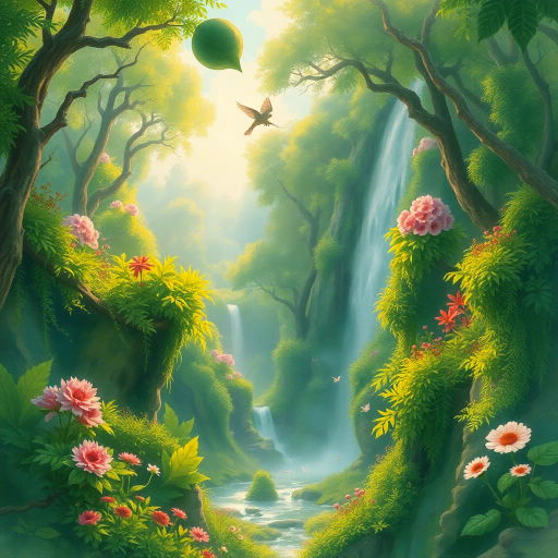 verdant landscapes, surreal ecosystems, vibrant flora, cascading waterfalls, mystical forests, ethereal creatures, afternoon sunlight, impressionist brushstrokes, mythical ambiance, Arthur Rackham influence, soft pastels, enchanted realism, intricate foliage patterns, magical realism, harmonious balance, tranquility, lush greenery, dreamlike quality, natural harmony, eco-fantasy narrative