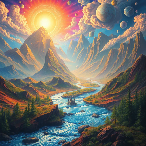 surreal landscape, ethereal light, vibrant colors, Salvador Dali inspiration, mystical mountains, flowing rivers, dreamlike atmosphere, mythical creatures, enchanting forest, luminous sky, intricate detail, magical realism, whimsical forms, dynamic motion, harmonious composition, otherworldly vibe, layered textures, fantastical elements, imaginative scenery, timeless wonder