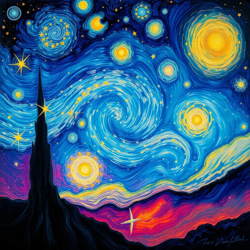 dazzling constellation, Vincent van Gogh, surrealism, ethereal, twilight sky, shimmering celestial bodies, cosmic dance, luminescent, swirling patterns, vivid color palette, mystical atmosphere, dreamlike, night sky tapestry, universe's canvas, intricate details, celestial symphony, expansive, wondrous universe, astral plane, whimsical abstraction, radiant glow, imaginative cosmos, celestial harmony, vibrancy, nightscape