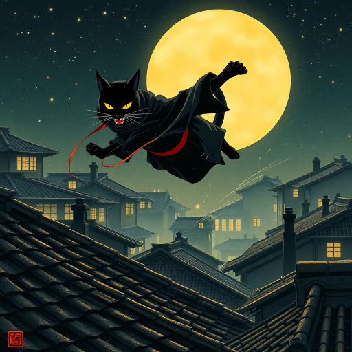 dynamic ninja cat, leaping rooftops, urban nightscape, moonlit glow, stealthy motion, ukiyo-e influences, high contrast, chiaroscuro, swift motion, Edo period, feline grace, ancient Japan, agile silhouette, dramatic lighting, tension and suspense, intricate rooftile details, starry sky, expressive movement, curved lines, brushstroke textures, vibrant shadows, cultural symbolism, aerial view, animated fluidity, vivid imagination
