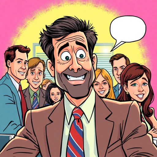 Michael Scott, vibrant colors, humorous expression, dynamic composition, satirical tone, exaggerated features, playful mood, The Office, Steve Carell, ensemble cast, mockumentary style, quirky everyday life, character dynamics, americana, cultural phenomenon, Dunder Mifflin, paper company, office antics, relatable humor, witty dialogue, vibrant palette, expressive line work, sequential art story, iconic moments, narrative humor, dynamic poses, comedic timing, sketch-like outlines, cartoonish exaggeration, lighthearted ambiance, vibrant personalities, interaction, pop art influences, americana, work environment, office setting, interplay of humor and absurdity