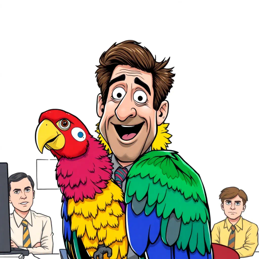 Michael Scott, colorful parrot, vibrant colors, humorous expression, dynamic composition, satirical tone, exaggerated features, playful mood, vibrant palette, pop art style, interplay of humor and absurdity, The Office, TV show, Steve Carell, ensemble cast, mockumentary style, quirky everyday life, work environment, character dynamics, Dunder Mifflin, Scranton, Pennsylvania, cultural phenomenon, office antics, witty banter, iconic moments, expressive line work, sequential art story, americana, narrative humor, lighthearted ambiance, dynamic poses, exaggerated expressions, tv sitcom influences, Jim Halpert, Pam Beesly, Dwight Schrute, colorful characters, comedic timing, sketch-like outlines, cartoonish exaggeration, character-centric atmosphere, satirical humor, pop culture references, expressive line work, workplace comedy essence