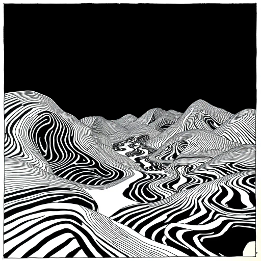 geometric shapes, intricate patterns, flowing lines, minimalist design, abstract expression, monochrome palette, dynamic movement, M.C. Escher influence, precise detailing, linear perspective, conceptual exploration, visual harmony, contour emphasis, spatial depth, contemporary influence, surreal geometry, optical illusion, mathematical precision, avant-garde composition, Escherian landscapes, abstract forms, minimalist exploration, pen and ink medium, black and white contrast, intersecting lines, detailed tessellation, spatial interaction, fluid dynamics, rhythmic patterns, visual paradox