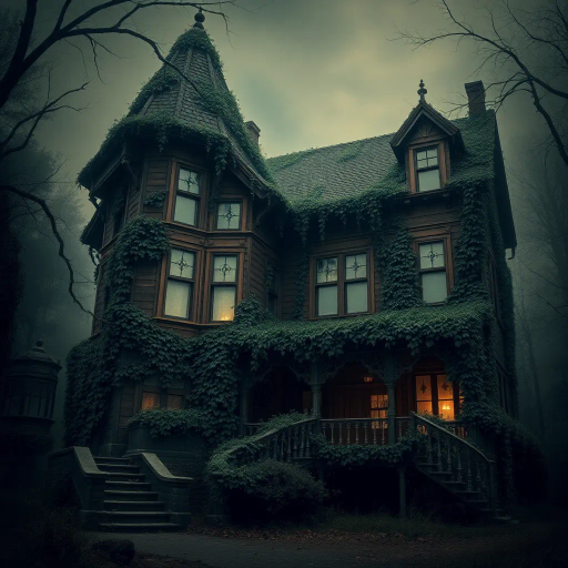 abandoned Victorian mansion, overgrown ivy, intricate woodwork, dark and moody, gothic architecture, muted earth tones, dramatic lighting, misty atmosphere, surrealism, decay, Tim Burton influence, cobweb textures, hidden mysteries, eerie stillness, romantic ruin, shadows and highlights, Victorian era, antique furniture, faded opulence, storytelling, melancholic nostalgia, high detail, soft brushstrokes, atmospheric depth, dilapidated elegance, mystery and allure, historical aura, vintage charm, fantasy, magical realism, enigmatic, rich symbolism, chiaroscuro, Baroque influences, ethereal, dreamlike, twilight hues, sepia tones, forgotten history, immersive narrative