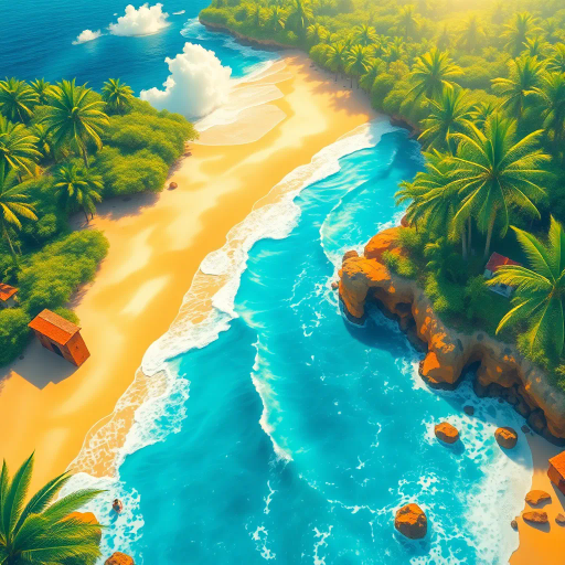 vibrant Brazilian coast, sunlit beaches, azure ocean waves, tropical paradise, vivid hues, Henri Rousseau-inspired lush vegetation, golden sands, dynamic movement, aerial perspective, warm sunlight, Carnaval spirit, immersive scenery, high contrast, modern tropical art, exotic wildlife, Impressionist influences, serene atmosphere, enchanting landscapes, detailed textures, playful compositions, natural harmony, bold colors, coastal life, South American culture