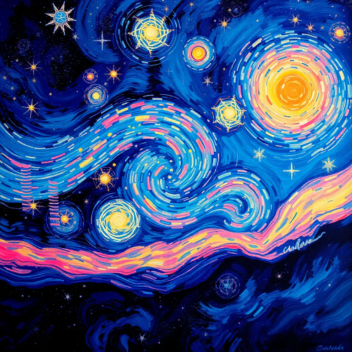 Vincent van Gogh, surrealism, ethereal twilight sky, dazzling constellation, shimmering celestial bodies, cosmic dance, luminescent, swirling patterns, vivid color palette, mystical atmosphere, dreamlike, night sky tapestry, universe's canvas, intricate details, celestial symphony, expansive universe, wondrous universe, astral plane, whimsical abstraction, radiant glow, imaginative cosmos, celestial harmony, vibrancy, nightscape, impressionism, starry night, cosmic wonder, vibrant hues, transcendental, celestial journey, painterly texture, emotive brushwork