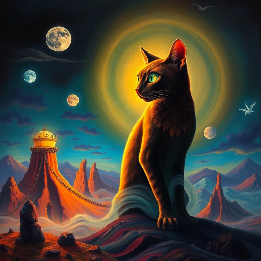 mysterious feline, surreal landscape, Salvador Dalí, vibrant colors, ethereal glow, intricate details, whimsical perspective, imaginative composition, dreamlike ambiance, surrealism influence, twilight setting, fantastical elements, flowing movement, enigmatic symbolism, soft textures, majestic posture, otherworldly presence, light and shadow play, mystical aura, fantasy realm
