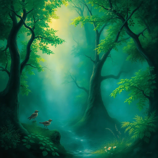 lush forests, mystical aura, Claude Monet, vibrant Impressionism, ethereal lighting, fluid composition, verdant greens, azure hues, ethereal mist, intricate textures, evocative atmosphere, whimsical forms, natural serenity, dynamic movement, Renaissance influences, surreal perspective, enchanted landscapes, serene mood, intricate detailing, mythical creatures, natural harmony, otherworldly essence, imaginative flora, poetic symbolism, timeless beauty, layered foliage, immersive depth, storytelling elements, natural magic