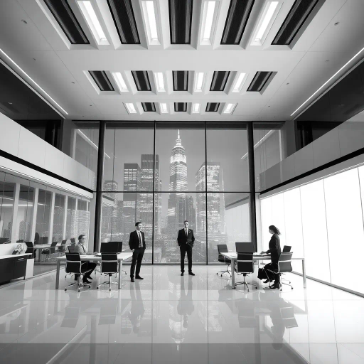 modern office space, sleek design, business attire, futuristic architecture, dynamic lighting, glass and steel, monochrome palette, professional atmosphere, realism, Edward Hopper influence, symmetrical composition, minimalist decor, ambient lighting, urban setting, contemporary aesthetics, corporate culture, innovative technology, precision, high-rise buildings, metropolis skyline, elevated perspective, strategic planning, productivity, executive presence, timelessness, collaboration, innovation, economic power, hierarchy