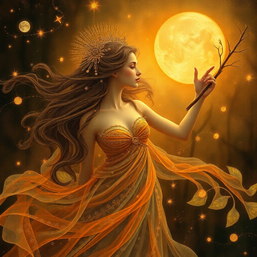 enchanting maiden, ethereal beauty, ethereal glow, Gustav Klimt, surrealism, baroque influences, warm tones, fluid lines, dreamlike atmosphere, intricate patterns, shimmering textures, divine feminine, soft focus, mythological essence, Renaissance elegance, delicate brushstrokes, vivid imagination, whimsical aura, otherworldly presence, mystical forest, moonlit ambiance, romanticism, layered compositions, celestial motifs