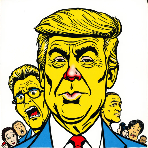 satirical caricature, exaggerated features, political symbolism, vibrant colors, pen-and-ink textures, Roy Lichtenstein influence, pop art era, humor-driven narrative, dynamic composition, bold outlines, American cultural elements, emotionally charged expressions, satirical tone, mid-20th century reference, iconic imagery, energetic line work, visual wit, comic strip aesthetics, subversive commentary, metaphorical elements