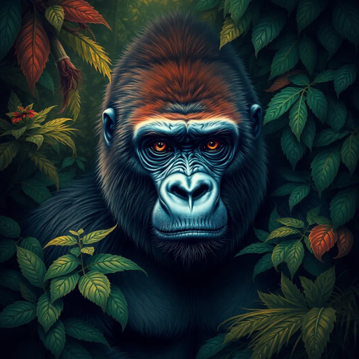 majestic gorilla, digital artistry, swirling jungles, rich textures, chiaroscuro lighting, vibrant foliage, dynamic composition, Frida Kahlo influences, Renaissance allusions, organic forms, emotive gaze, earth tones, detailed fur rendering, primal energy, environmental storytelling, layered symbolism, dramatic perspective, lush vegetation contrast, nature's harmony, vivid palette, abstract undertones, scale interplay, mood of serenity, cultural motifs