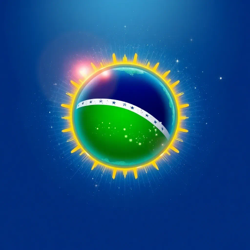 vivid colors, national symbol, Brazil, celestial sphere, infinite sky, tropical vibrancy, geometric symmetry, modernist influence, bold lines, emerald green, golden yellow, azure blue, luminescent glow, cultural pride, dynamic composition, contemporary elements, rhythmic energy, abstract representation, South American essence, harmonious balance, global unity, festive spirit, optical illusion, expansive space, contrasting tones