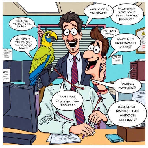 office setting, TV show inspired, character Michael Scott, whimsical parrot companion, Prison Mike persona, comedic elements, vibrant palette, exaggerated expressions, narrative storytelling, pop culture references, sitcom humor, dialogue bubbles, dynamic poses, energetic composition, bold outlines, speech captions, lively interactions, American sitcom vibe, modern pop art influences, humor-infused atmosphere, satirical undertones