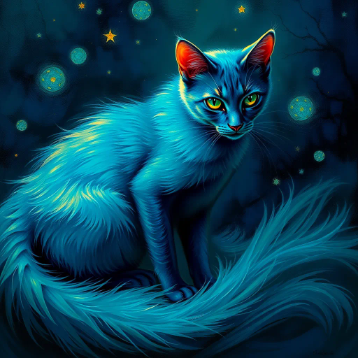 elegant feline form, surrealistic ambiance, inspired by Salvador Dali, Starry Night lighting, Baroque influences, vibrant hues of sapphire and emerald, soft fur texture, dreamlike and whimsical atmosphere, intricate detailing, dynamic pose, Renaissance composition, imaginative and mysterious, twilight setting, impressionist brushwork, ethereal glow, rich tapestry of colors, flowing lines, harmonious balance, artistic narrative, intriguing gaze, artistic depth, fanciful and otherworldly, timeless elegance