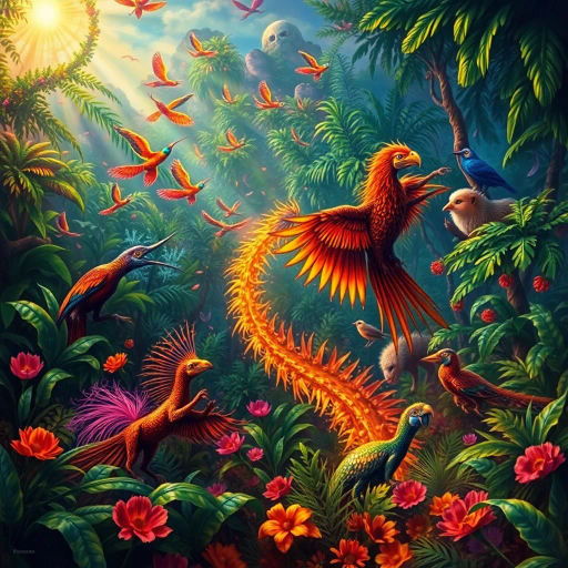 vibrant rainforest, carnival energy, tropical palette, intricate textures, Gustavo Rosa, surrealism, expressive forms, dynamic movement, colorful feathers, mystical beings, atmospheric perspective, lush foliage, samba rhythms, cultural tapestry, radiant lighting, whimsical creatures, vibrant celebrations, exotic wildlife, lively atmosphere, magical realism, imaginative scenery, rhythmic patterns, bold silhouettes