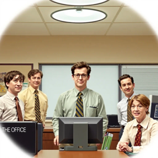 The Office, TV show, satirical humor, vibrant, Steve Carell, ensemble cast, mockumentary style, quirky, everyday life, work environment, subtle irony, character dynamics, Michael Scott, Dunder Mifflin, Scranton, Pennsylvania, documentary filming, 2000s television, comedic timing, deadpan expression, cultural phenomenon, paper company, witty banter, office antics, relatable humor, office supplies, Jim Halpert, Pam Beesly, Dwight Schrute, team dynamics, overhead fluorescent lighting, mundane yet charming, round camera angles, workplace relationships