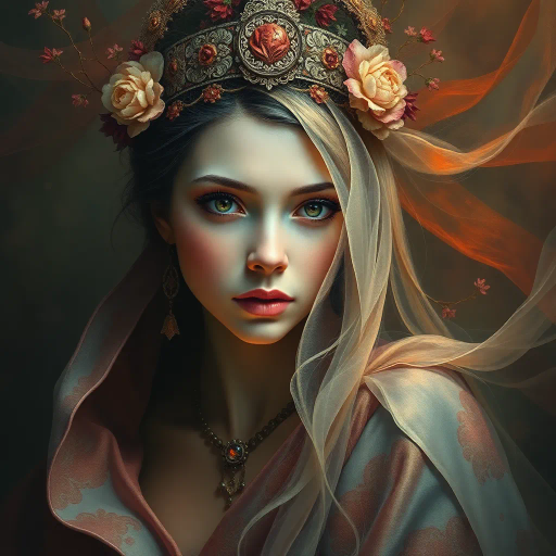 ethereal goddess, renaissance, chiaroscuro lighting, flowing fabrics, vibrant color palette, surrealism, intricate patterns, delicate brush strokes, baroque influences, enigmatic gaze, emotional depth, whimsical elements, fine details, soft gradients, timeless beauty, divine aura, artistic elegance, harmonious composition, cultural symbolism, transcendence, muted tones, serene expressions, atmospheric perspective, dreamlike ambiance